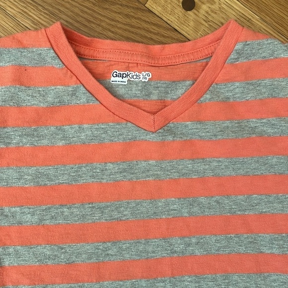 GAP Kids Boy L 10 Orange Grey Stripe Short Sleeve V-Neck T-Shirt - Picture 2 of 5